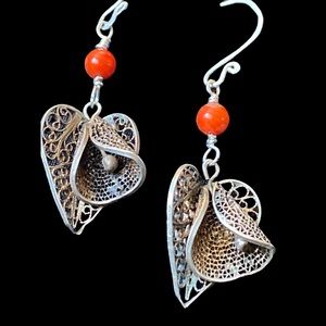 “Calla” Vintage Filagree Art Deco Calla Lily Sterling Silver Coral Earrings